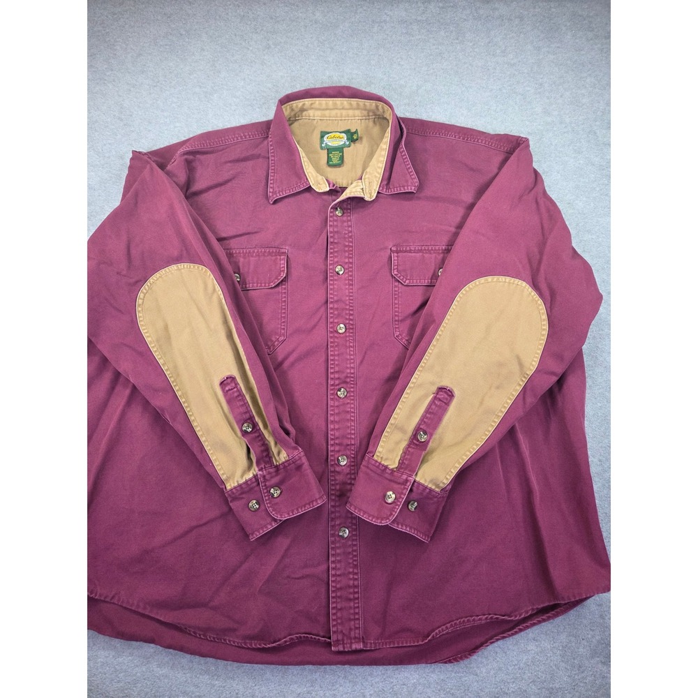 VTG Cabelas Heavy Cotton Long Sleeve Utility Shirt Burgundy Elbow Patches 2XL